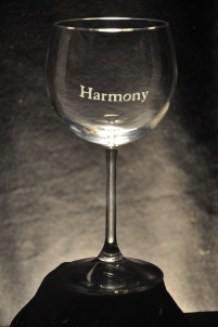 Kotodama Glassware Goblet wine glass featuring the positive word "Harmony".  